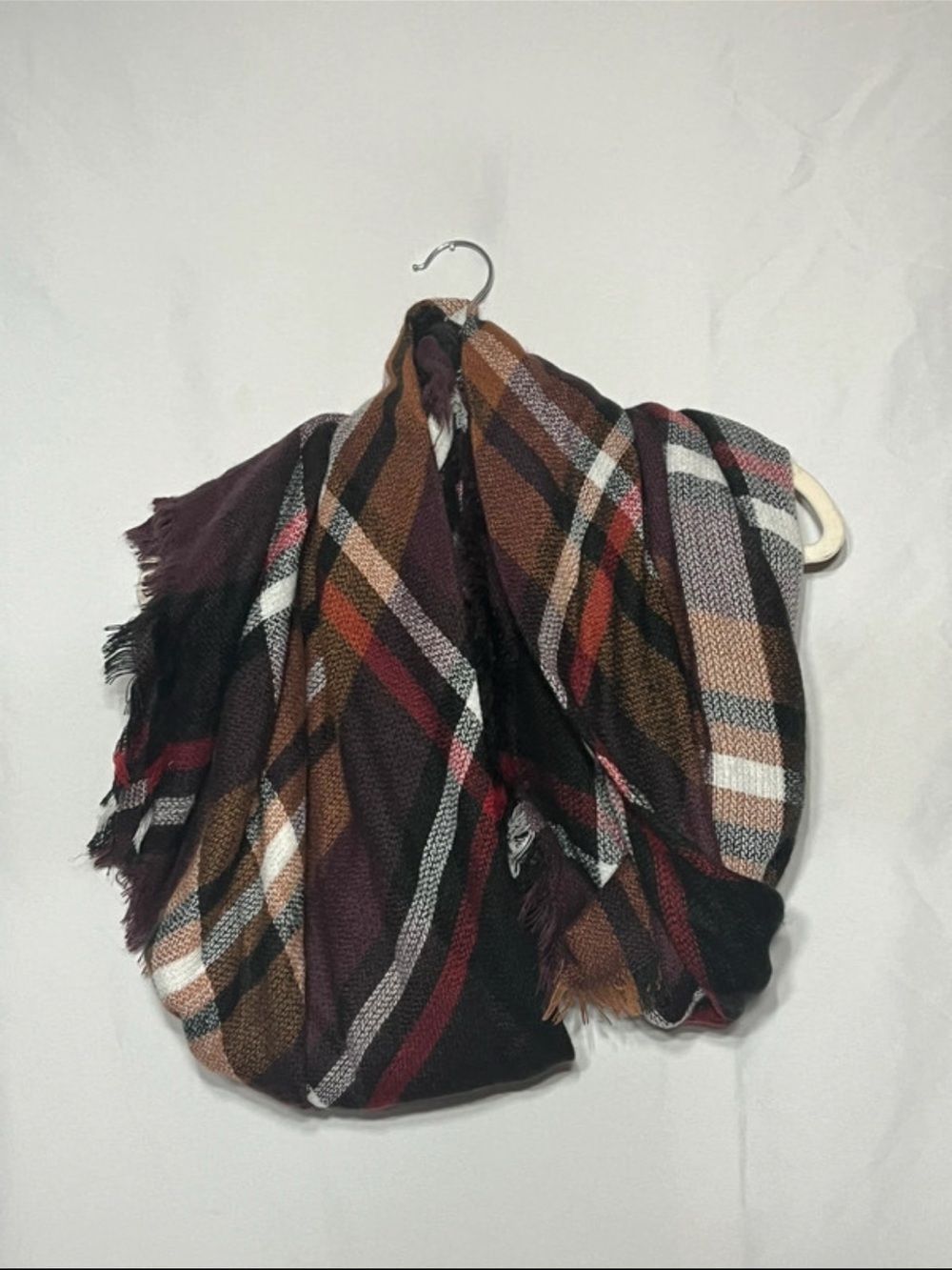 Cozy Plaid Fringed Blanket Scarf in Black, Brown & Burgundy